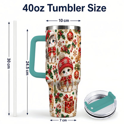 #pl[40oz|Green] Jeweled Christmas Cats 40oz Tumbler with Handle, Holiday Kitten Pattern