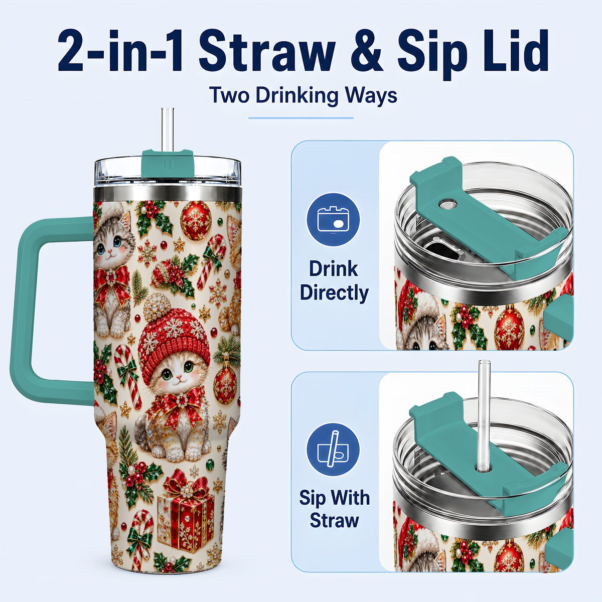 #pl[40oz|Green] Jeweled Christmas Cats 40oz Tumbler with Handle, Holiday Kitten Pattern