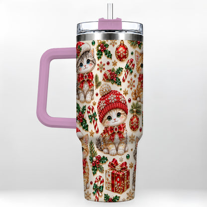 #pl[40oz|Pink] Jeweled Christmas Cats 40oz Tumbler with Handle, Holiday Kitten Pattern