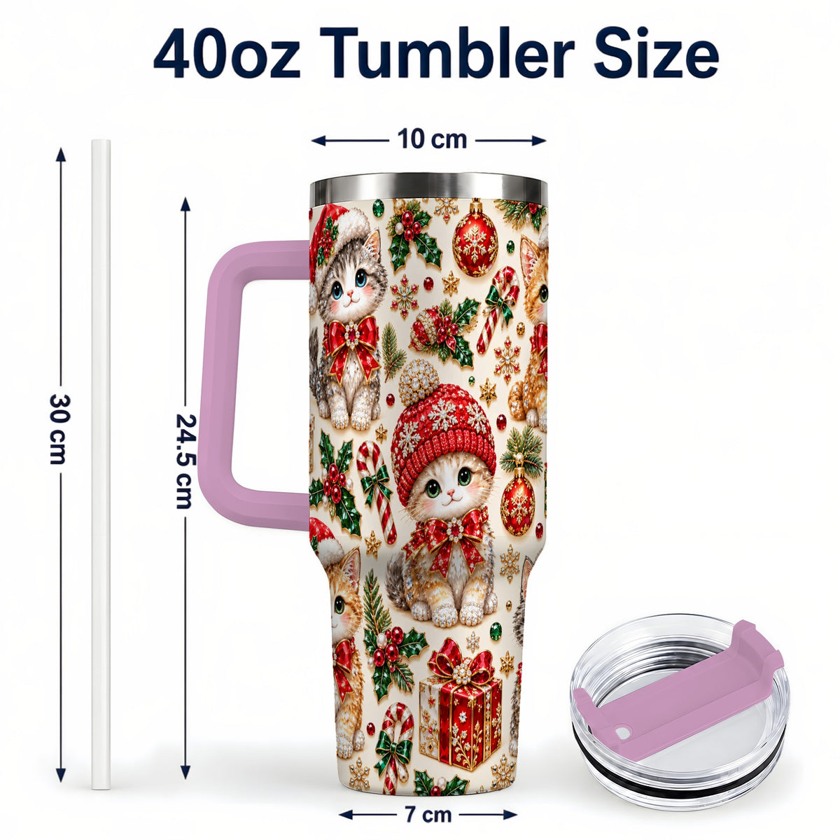 #pl[40oz|Pink] Jeweled Christmas Cats 40oz Tumbler with Handle, Holiday Kitten Pattern
