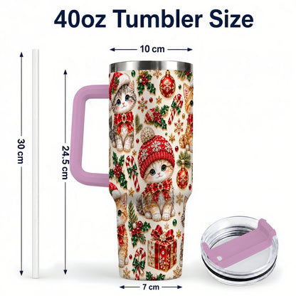 #pl[40oz|Pink] Jeweled Christmas Cats 40oz Tumbler with Handle, Holiday Kitten Pattern