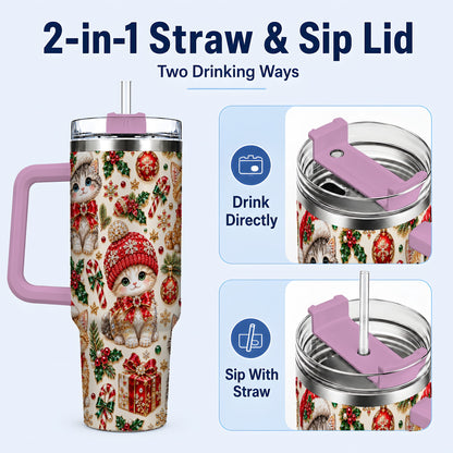 #pl[40oz|Pink] Jeweled Christmas Cats 40oz Tumbler with Handle, Holiday Kitten Pattern