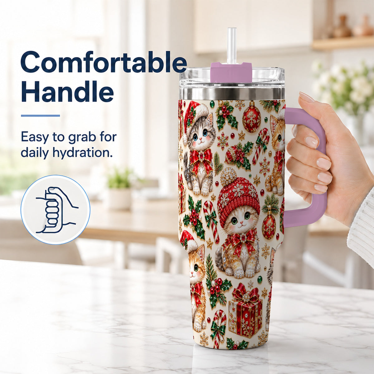 #pl[40oz|Pink] Jeweled Christmas Cats 40oz Tumbler with Handle, Holiday Kitten Pattern