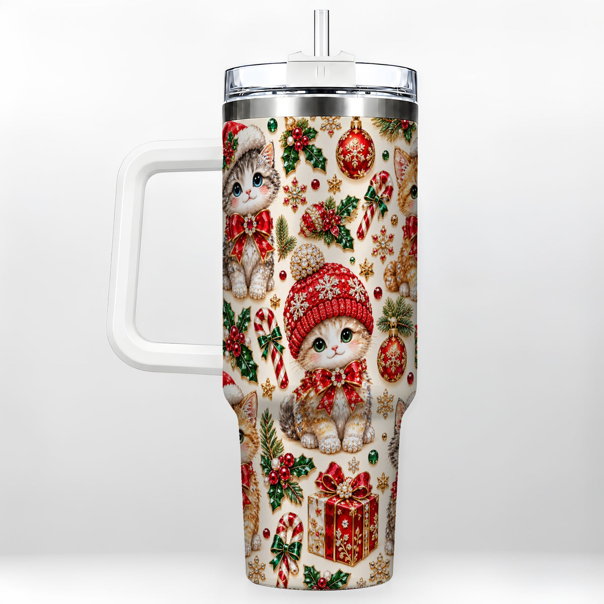 Jeweled Christmas Cats 40oz Tumbler with Handle, Holiday Kitten Pattern