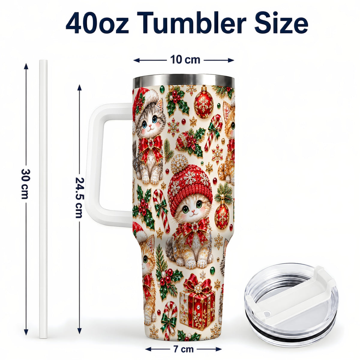 #pl[40oz|White] Jeweled Christmas Cats 40oz Tumbler with Handle, Holiday Kitten Pattern