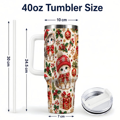#pl[40oz|White] Jeweled Christmas Cats 40oz Tumbler with Handle, Holiday Kitten Pattern
