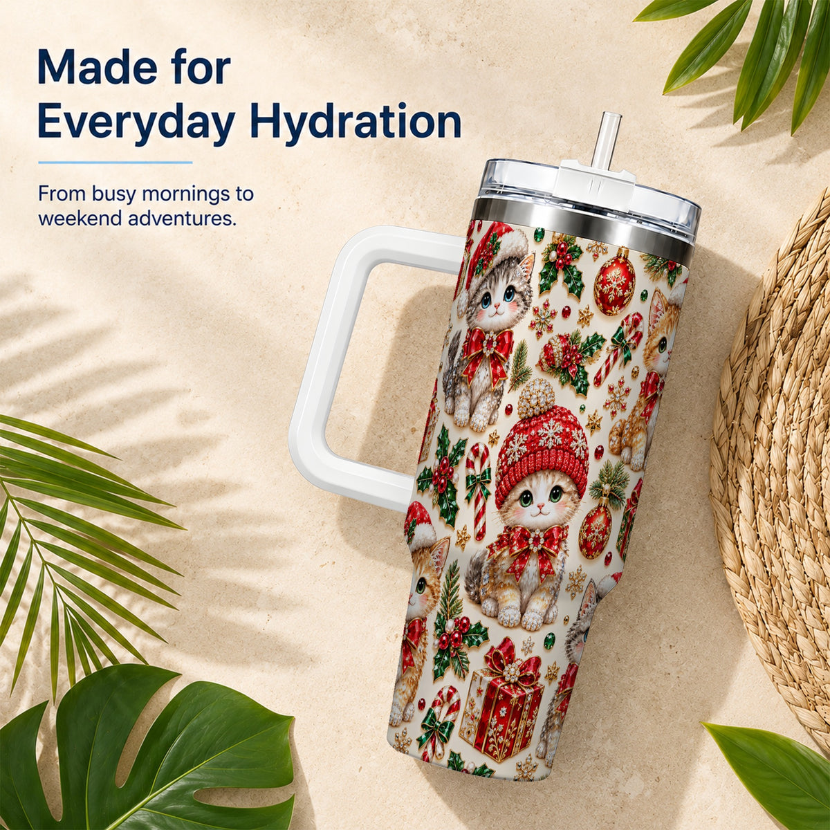 Jeweled Christmas Cats 40oz Tumbler with Handle, Holiday Kitten Pattern