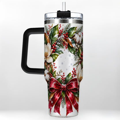 #pl[40oz|Black] Christmas Magnolia Wreath 40oz Tumbler with Handle, Winter Floral Decor