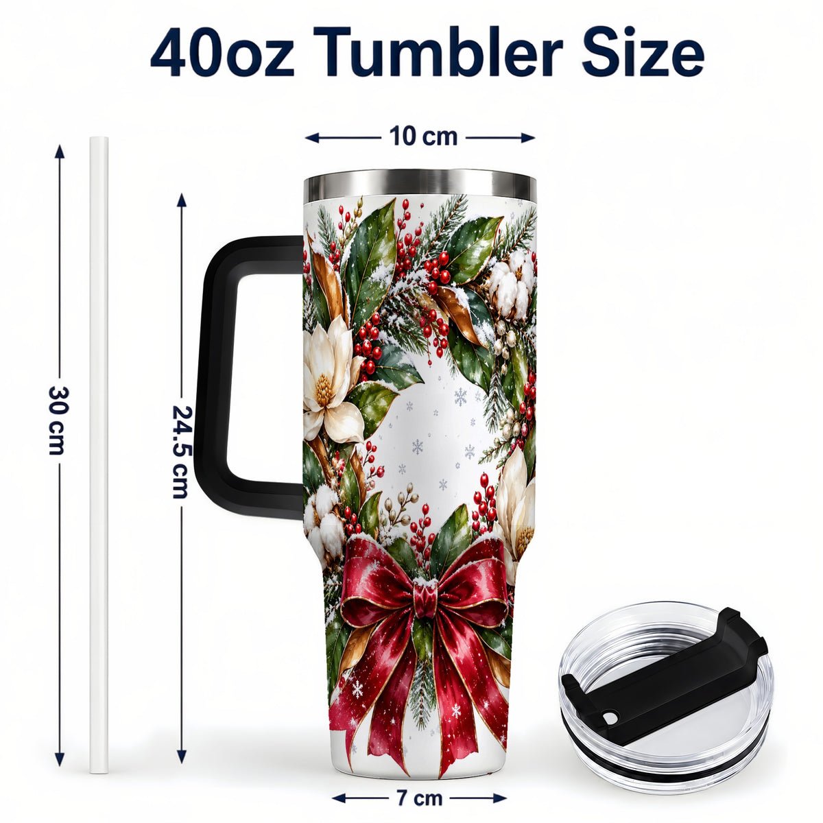 #pl[40oz|Black] Christmas Magnolia Wreath 40oz Tumbler with Handle, Winter Floral Decor