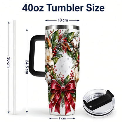 #pl[40oz|Black] Christmas Magnolia Wreath 40oz Tumbler with Handle, Winter Floral Decor