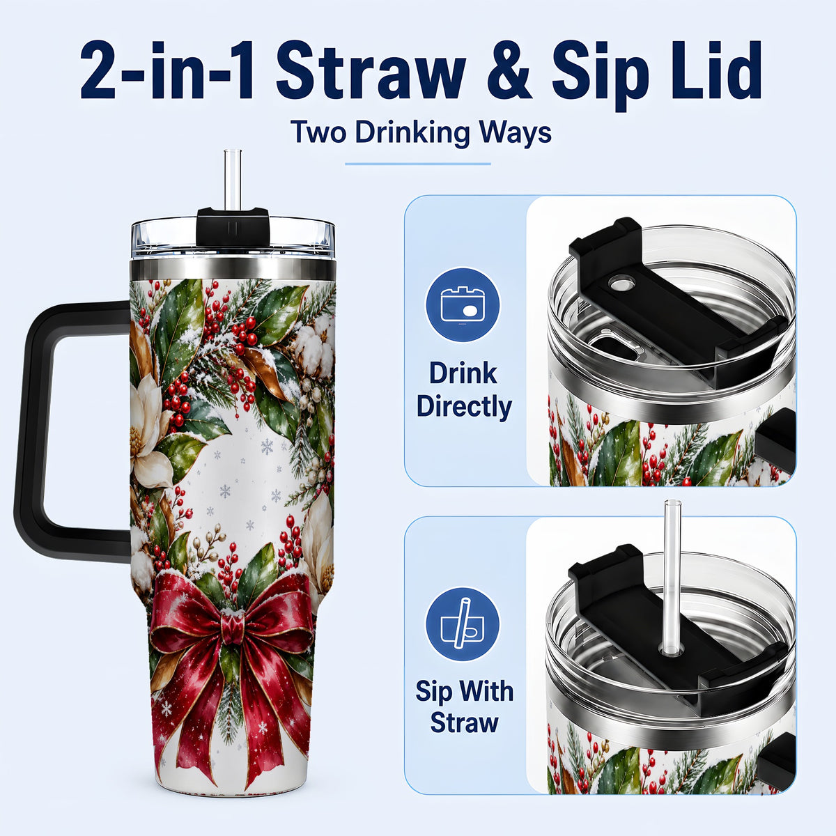 #pl[40oz|Black] Christmas Magnolia Wreath 40oz Tumbler with Handle, Winter Floral Decor