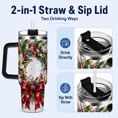 #pl[40oz|Black] Christmas Magnolia Wreath 40oz Tumbler with Handle, Winter Floral Decor