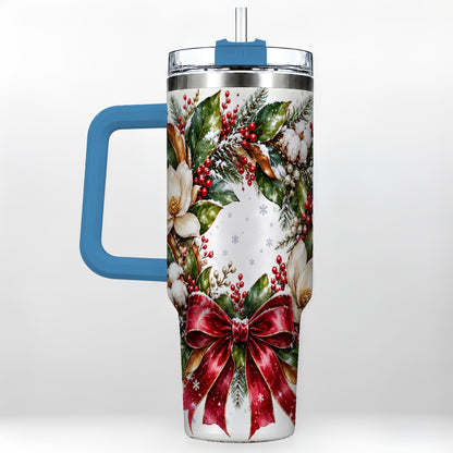 #pl[40oz|Blue] Christmas Magnolia Wreath 40oz Tumbler with Handle, Winter Floral Decor