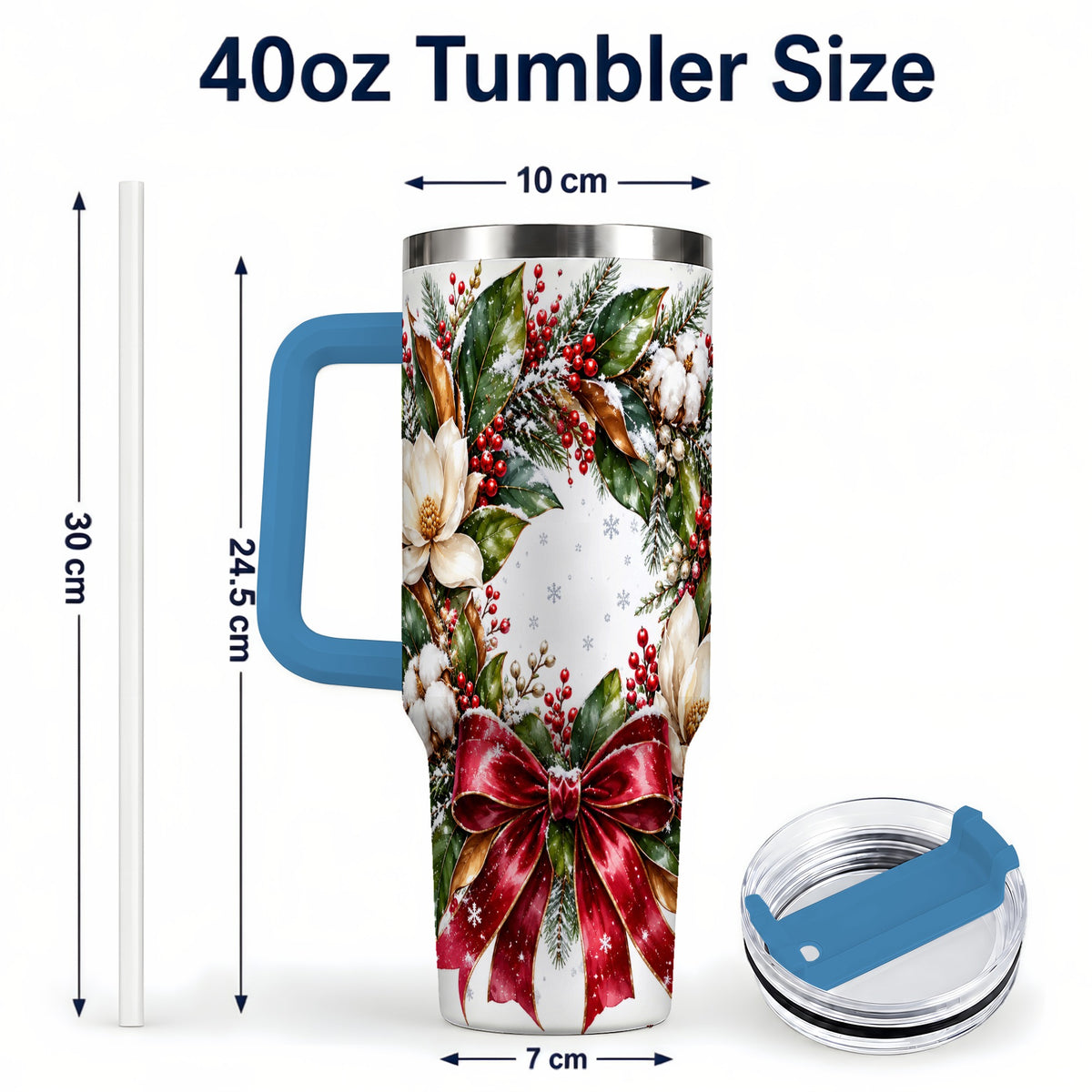 #pl[40oz|Blue] Christmas Magnolia Wreath 40oz Tumbler with Handle, Winter Floral Decor