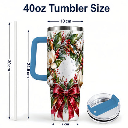 #pl[40oz|Blue] Christmas Magnolia Wreath 40oz Tumbler with Handle, Winter Floral Decor