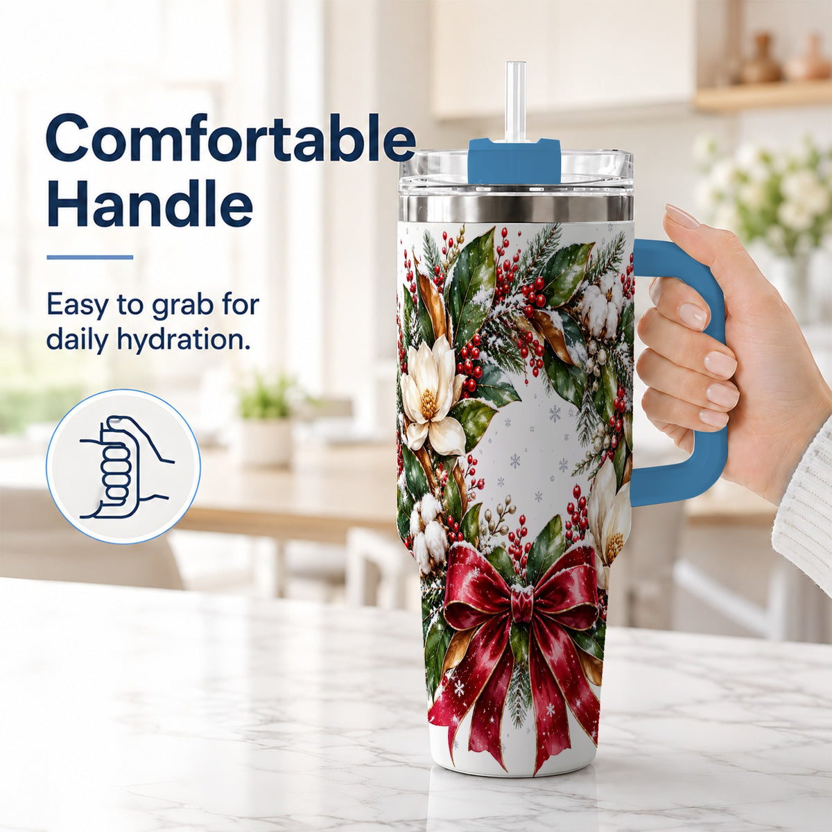 #pl[40oz|Blue] Christmas Magnolia Wreath 40oz Tumbler with Handle, Winter Floral Decor