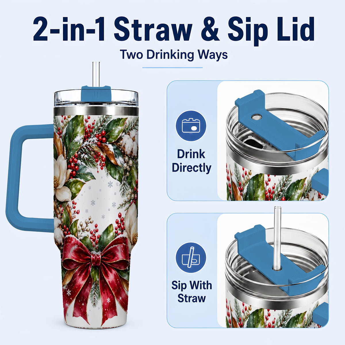 #pl[40oz|Blue] Christmas Magnolia Wreath 40oz Tumbler with Handle, Winter Floral Decor
