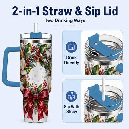 #pl[40oz|Blue] Christmas Magnolia Wreath 40oz Tumbler with Handle, Winter Floral Decor