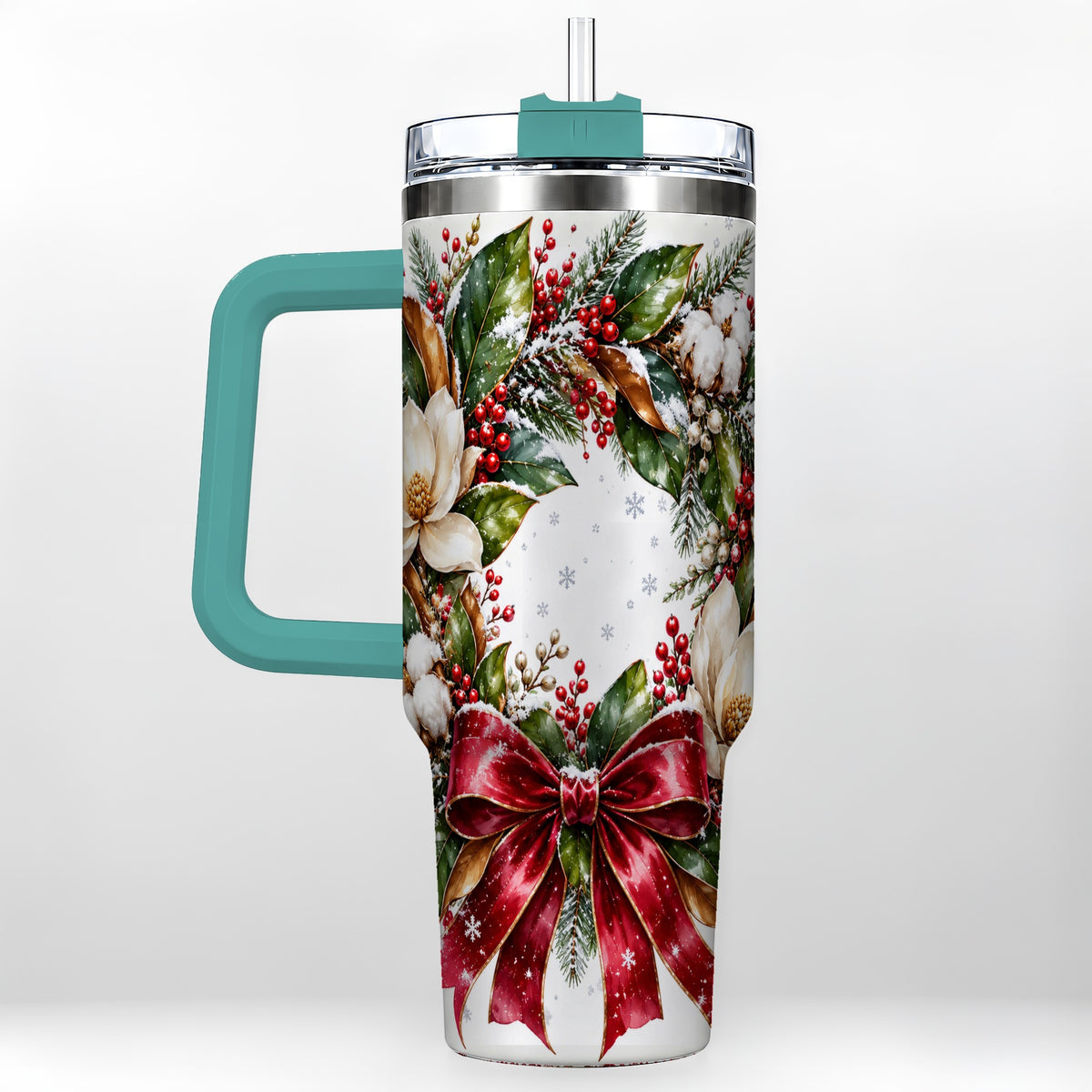 #pl[40oz|Green] Christmas Magnolia Wreath 40oz Tumbler with Handle, Winter Floral Decor