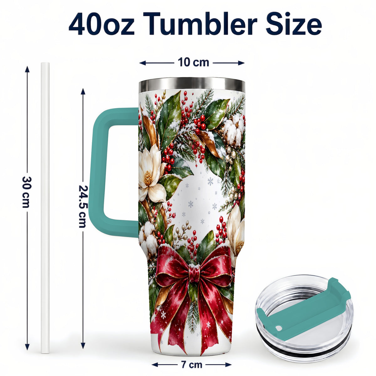 #pl[40oz|Green] Christmas Magnolia Wreath 40oz Tumbler with Handle, Winter Floral Decor