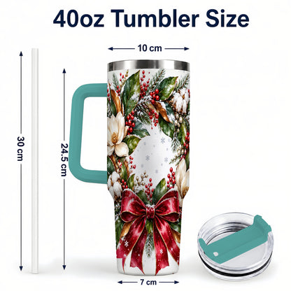 #pl[40oz|Green] Christmas Magnolia Wreath 40oz Tumbler with Handle, Winter Floral Decor