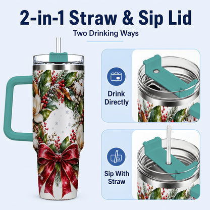 #pl[40oz|Green] Christmas Magnolia Wreath 40oz Tumbler with Handle, Winter Floral Decor