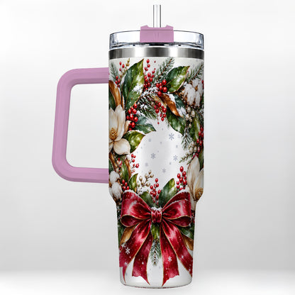 #pl[40oz|Pink] Christmas Magnolia Wreath 40oz Tumbler with Handle, Winter Floral Decor