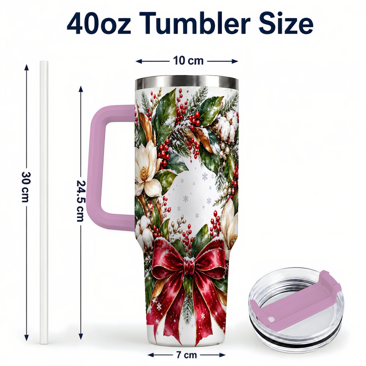 #pl[40oz|Pink] Christmas Magnolia Wreath 40oz Tumbler with Handle, Winter Floral Decor