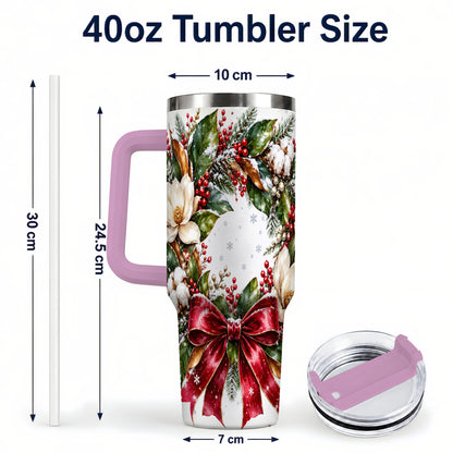 #pl[40oz|Pink] Christmas Magnolia Wreath 40oz Tumbler with Handle, Winter Floral Decor