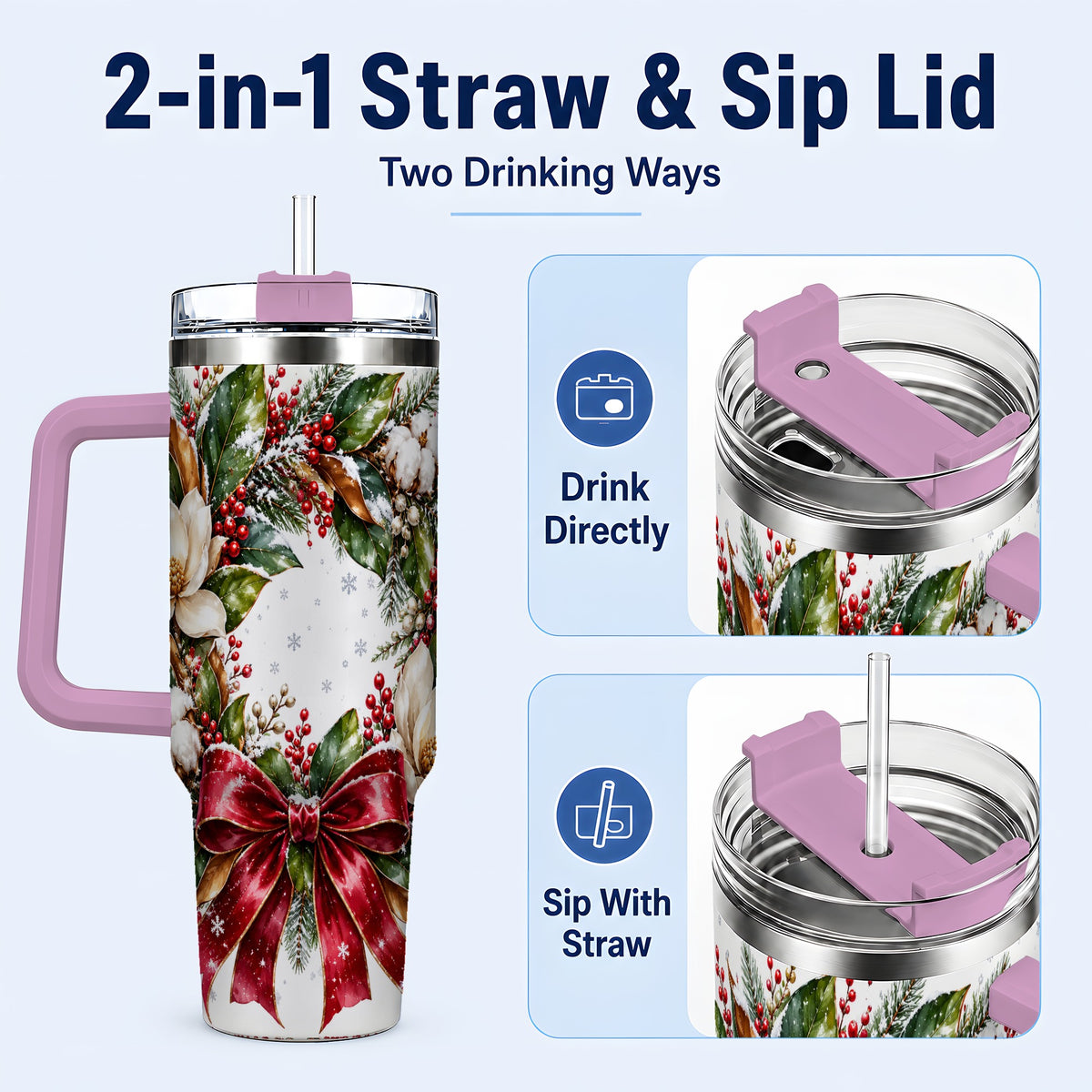 #pl[40oz|Pink] Christmas Magnolia Wreath 40oz Tumbler with Handle, Winter Floral Decor