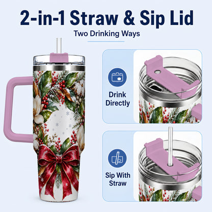 #pl[40oz|Pink] Christmas Magnolia Wreath 40oz Tumbler with Handle, Winter Floral Decor