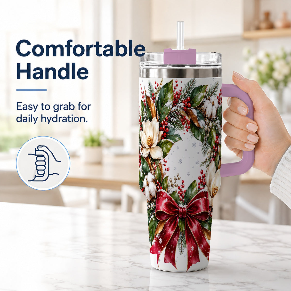 #pl[40oz|Pink] Christmas Magnolia Wreath 40oz Tumbler with Handle, Winter Floral Decor