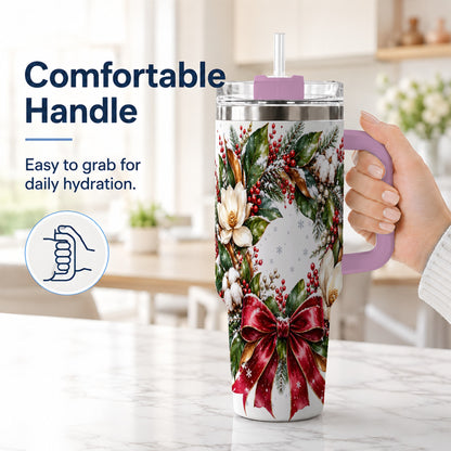 #pl[40oz|Pink] Christmas Magnolia Wreath 40oz Tumbler with Handle, Winter Floral Decor