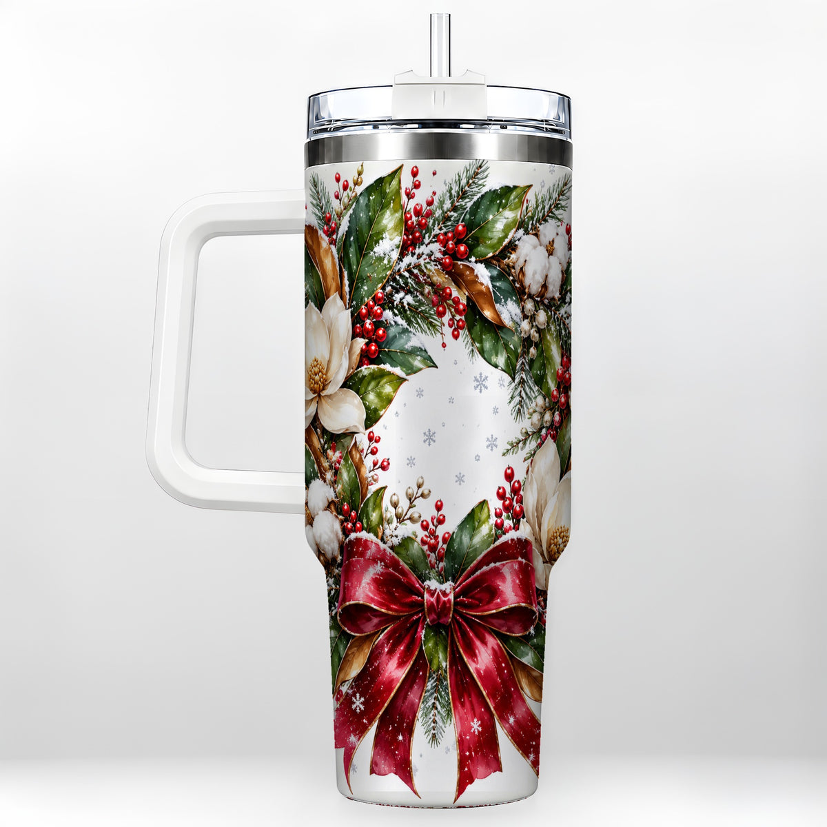 Christmas Magnolia Wreath 40oz Tumbler with Handle, Winter Floral Decor