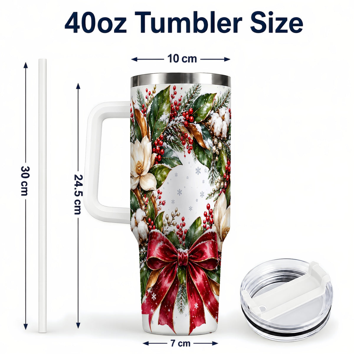 #pl[40oz|White] Christmas Magnolia Wreath 40oz Tumbler with Handle, Winter Floral Decor