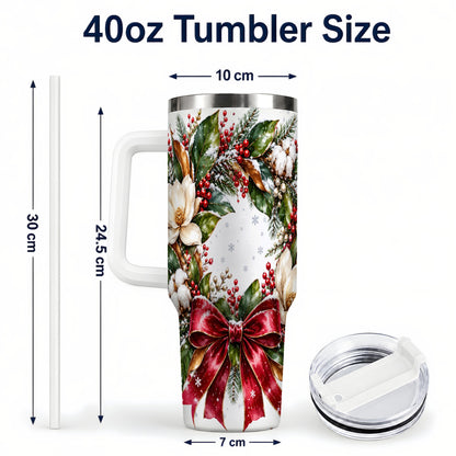 #pl[40oz|White] Christmas Magnolia Wreath 40oz Tumbler with Handle, Winter Floral Decor