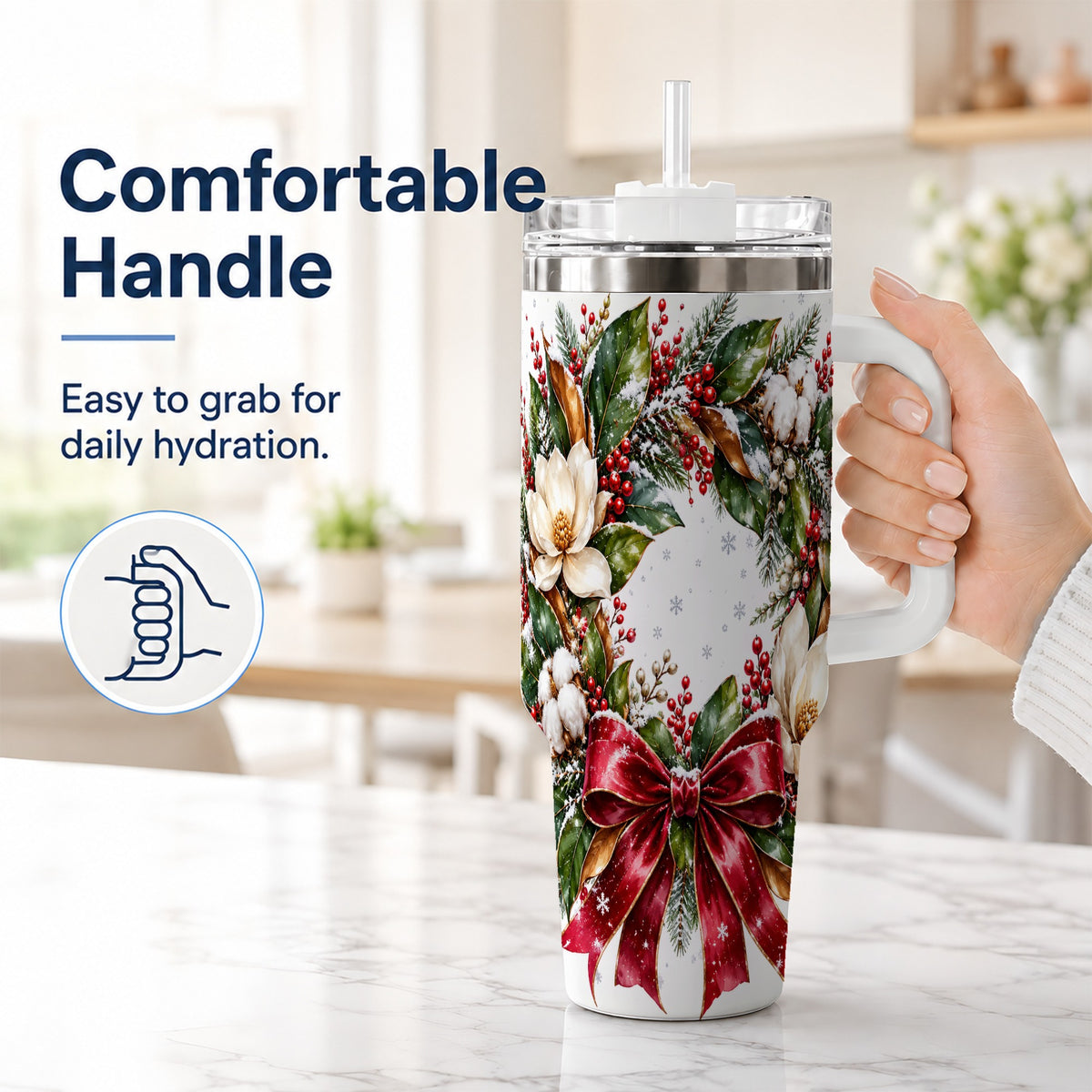 #pl[40oz|White] Christmas Magnolia Wreath 40oz Tumbler with Handle, Winter Floral Decor