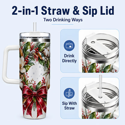 #pl[40oz|White] Christmas Magnolia Wreath 40oz Tumbler with Handle, Winter Floral Decor