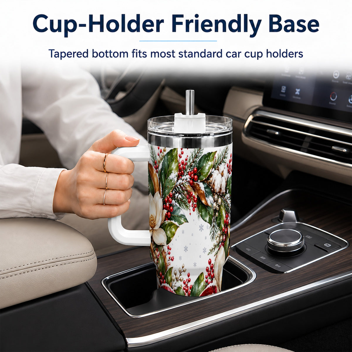 Christmas Magnolia Wreath 40oz Tumbler with Handle, Winter Floral Decor
