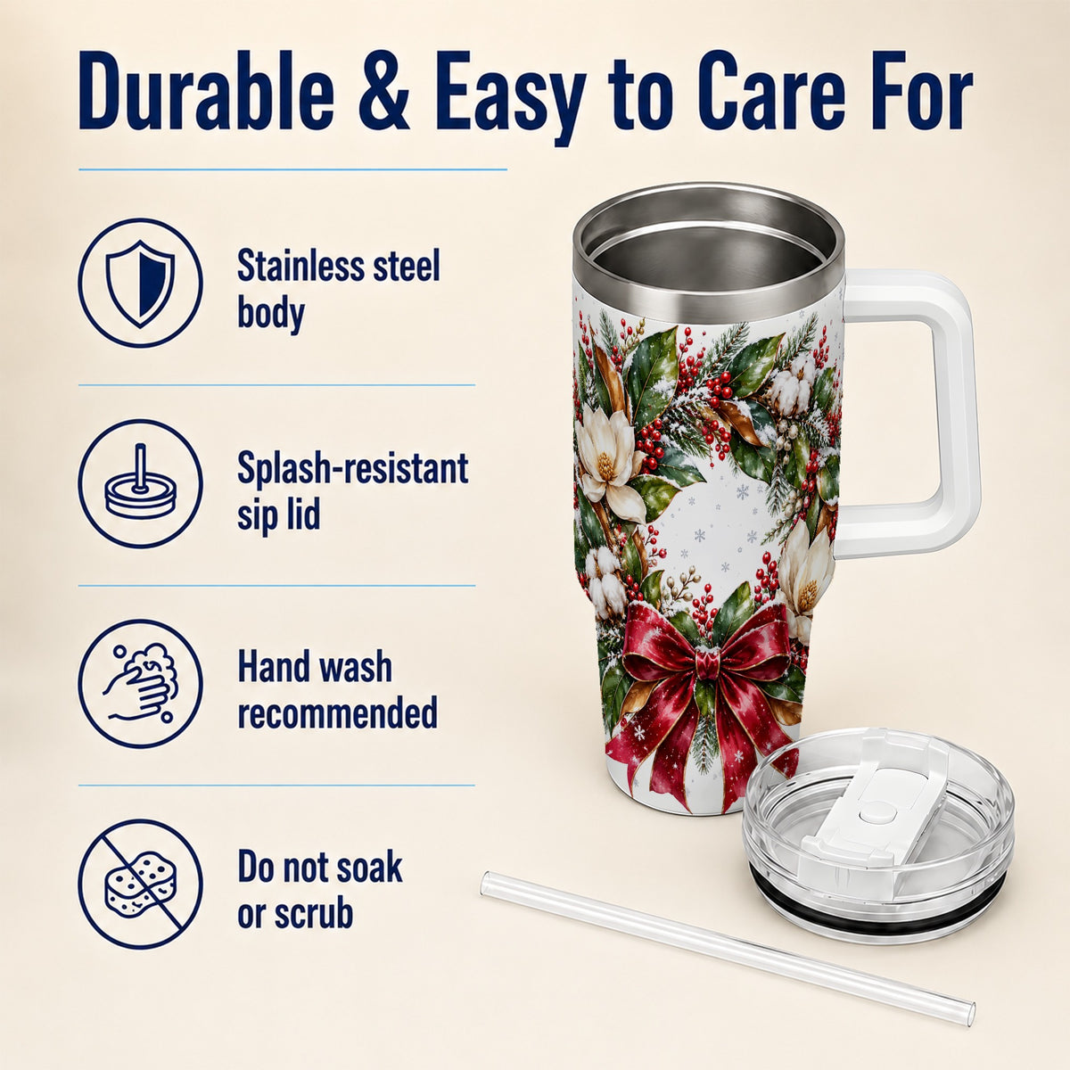 Christmas Magnolia Wreath 40oz Tumbler with Handle, Winter Floral Decor