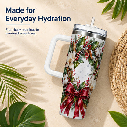 Christmas Magnolia Wreath 40oz Tumbler with Handle, Winter Floral Decor