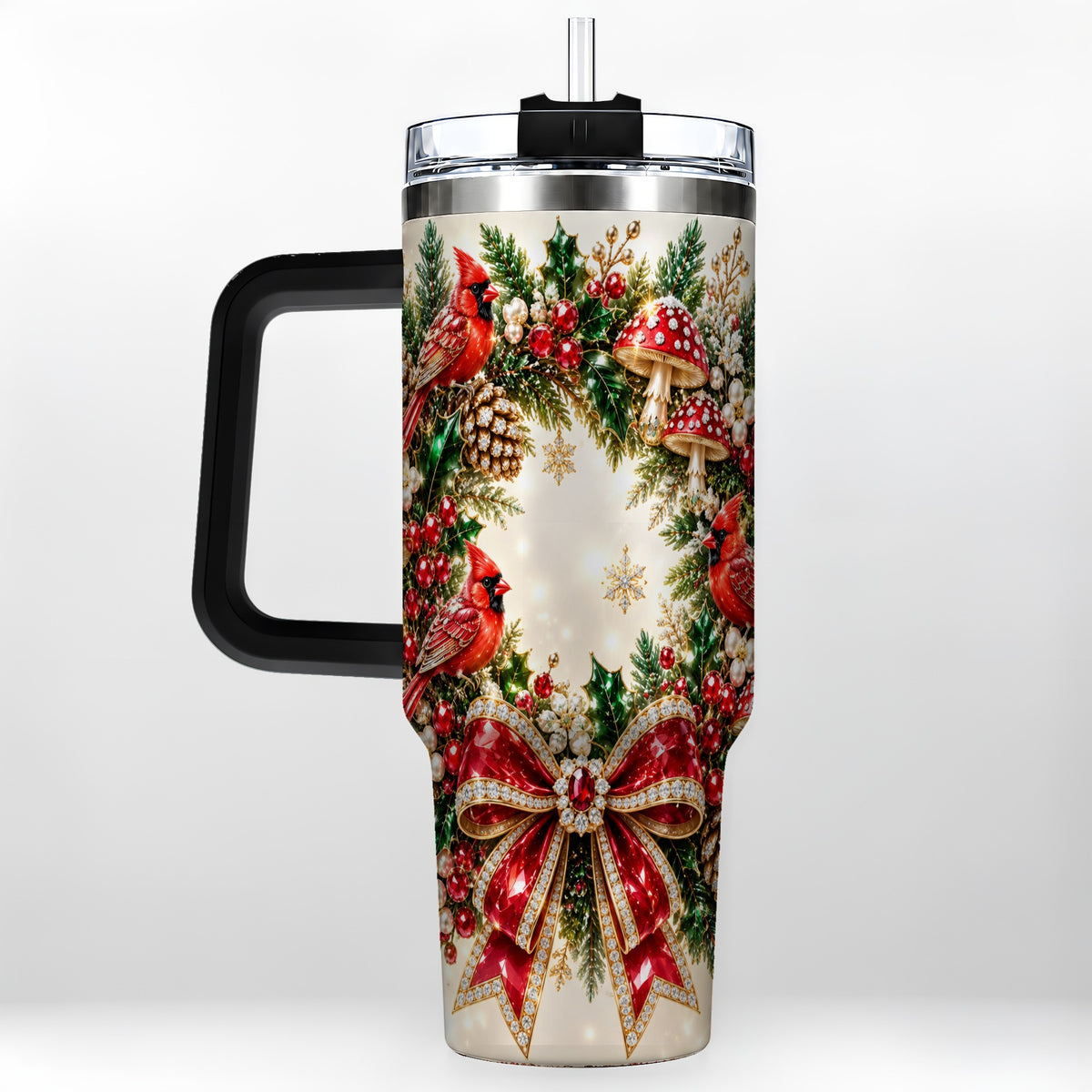 #pl[40oz|Black] Christmas Cardinal Wreath 40oz Tumbler with Handle, Woodland Bird Art