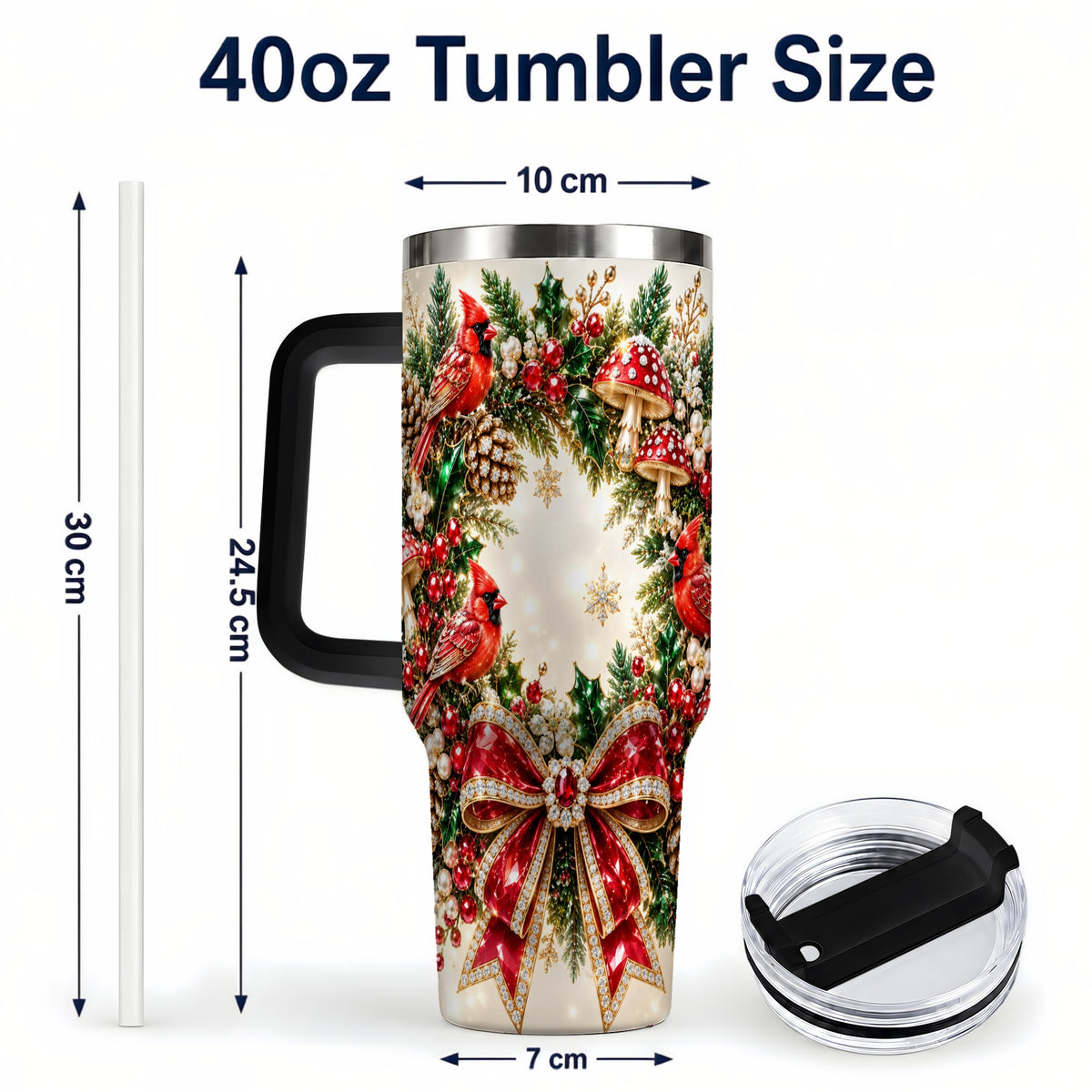 #pl[40oz|Black] Christmas Cardinal Wreath 40oz Tumbler with Handle, Woodland Bird Art