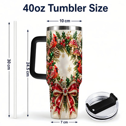 #pl[40oz|Black] Christmas Cardinal Wreath 40oz Tumbler with Handle, Woodland Bird Art