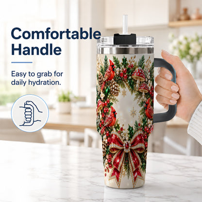#pl[40oz|Black] Christmas Cardinal Wreath 40oz Tumbler with Handle, Woodland Bird Art