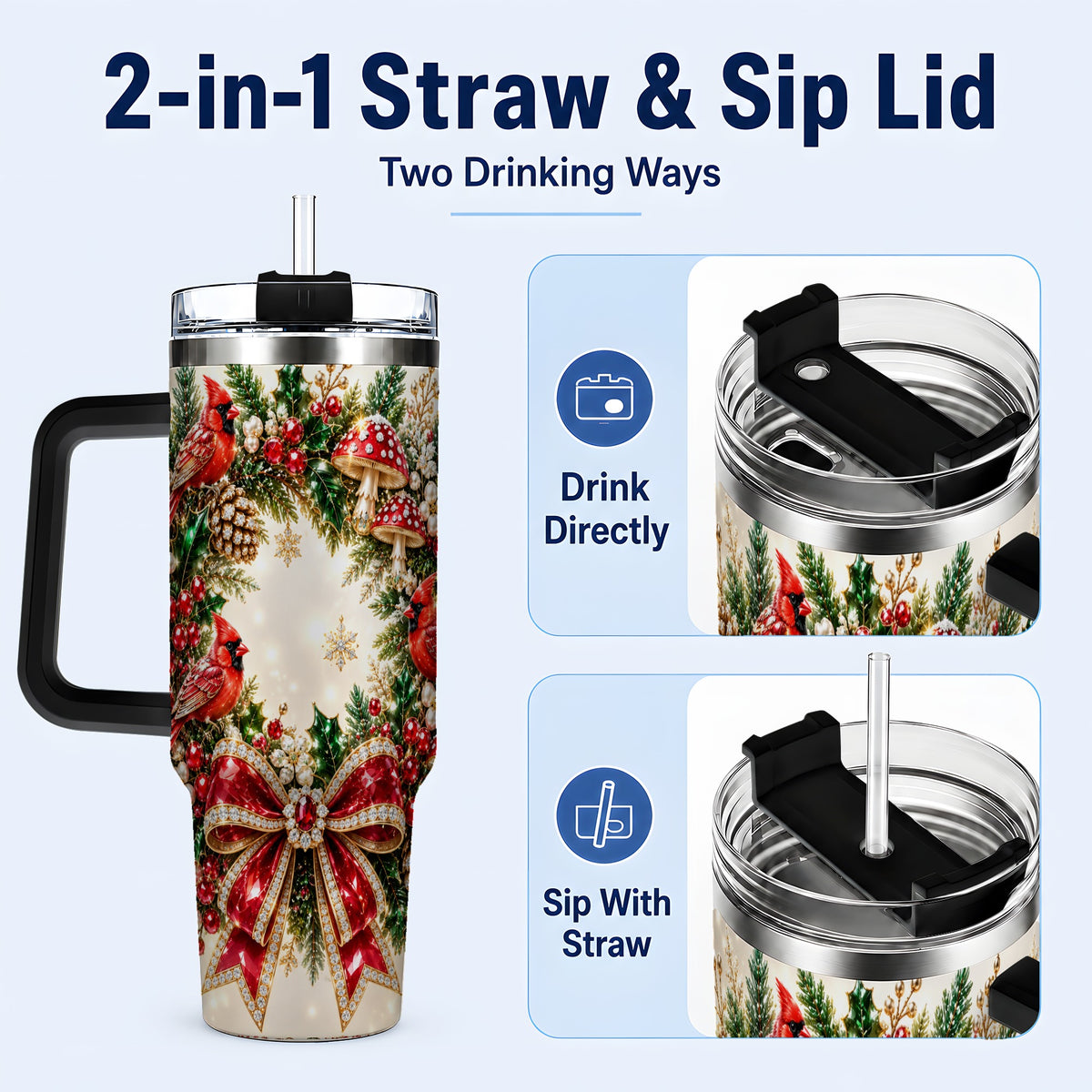 #pl[40oz|Black] Christmas Cardinal Wreath 40oz Tumbler with Handle, Woodland Bird Art