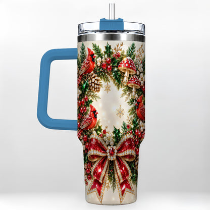 #pl[40oz|Blue] Christmas Cardinal Wreath 40oz Tumbler with Handle, Woodland Bird Art
