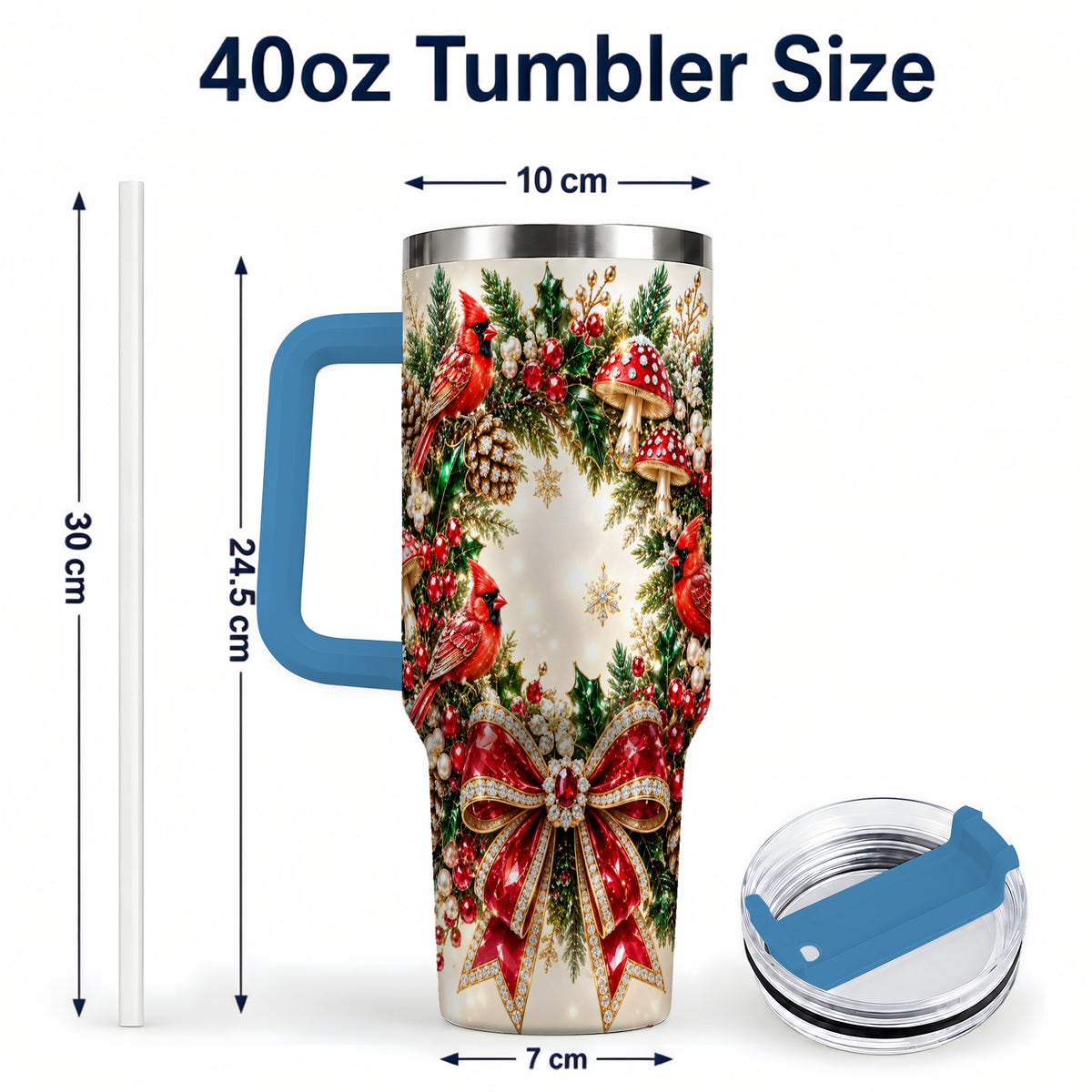 #pl[40oz|Blue] Christmas Cardinal Wreath 40oz Tumbler with Handle, Woodland Bird Art