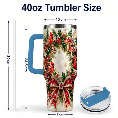 #pl[40oz|Blue] Christmas Cardinal Wreath 40oz Tumbler with Handle, Woodland Bird Art