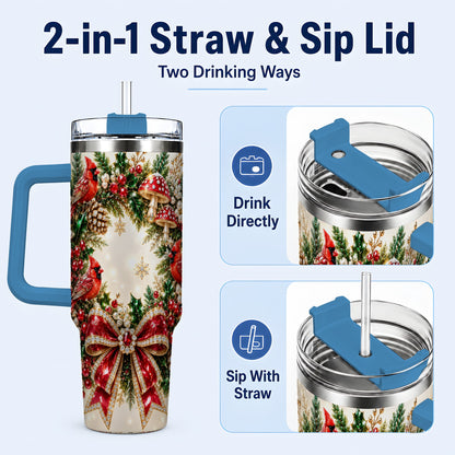#pl[40oz|Blue] Christmas Cardinal Wreath 40oz Tumbler with Handle, Woodland Bird Art